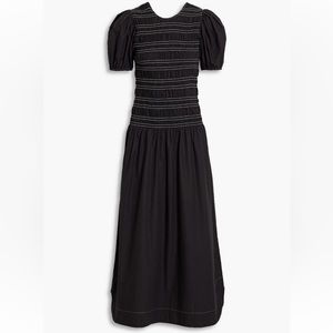 Ganni Shirred Cotton Poplin Dress in black